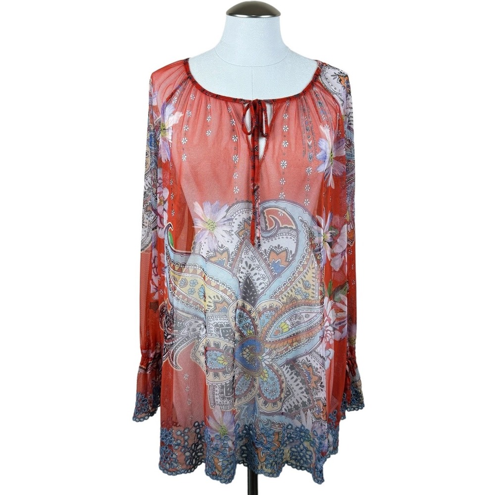 Johnny Was Women's‎ XL Tunic Top Blouse Orange Floral Paisley Sheer Long Sleeve